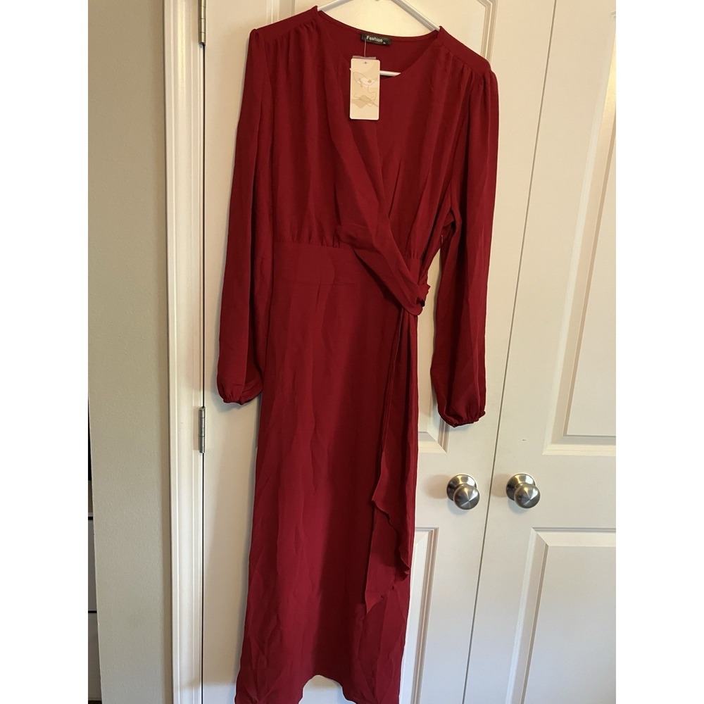 Fashion Wrap Dress Women XL Red NWT Midi Long Sleeve C920